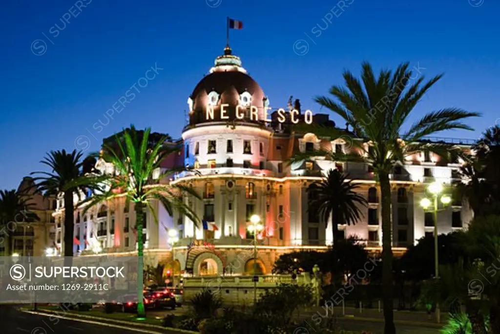Hotel lit up at night, Hotel Negresco, Promenade Des Anglais, Nice, Provence-Alpes-Cote d'Azur, France
