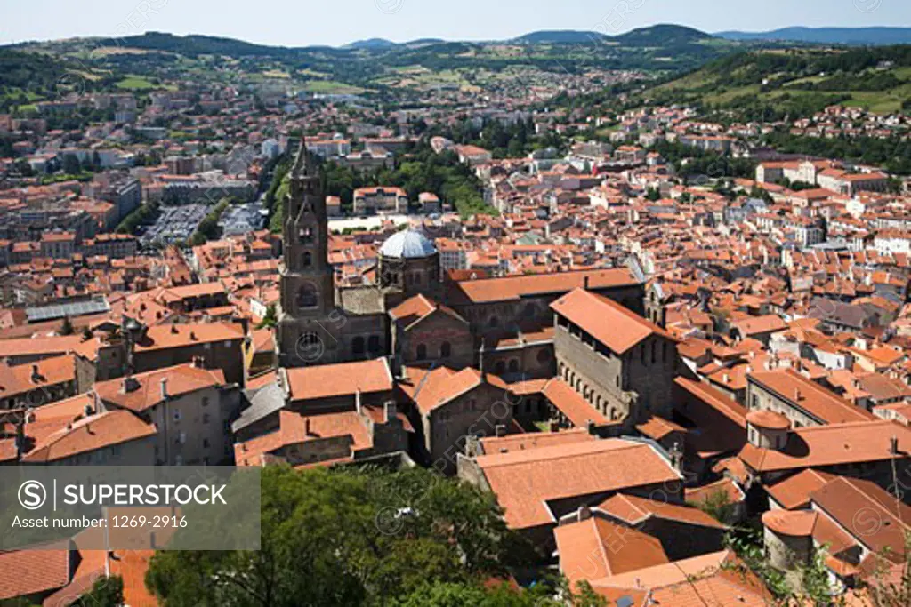 High angle view of a cathedral in a town, Cathedral Notre Dame du Puy, Le Puy, Haute-Loire, Auvergne, France