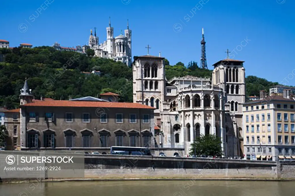 Facade of a cathedral, Lyon Cathedral, Basilica Notre Dame de Fourviere, Lyon, Rhone-Alpes, France