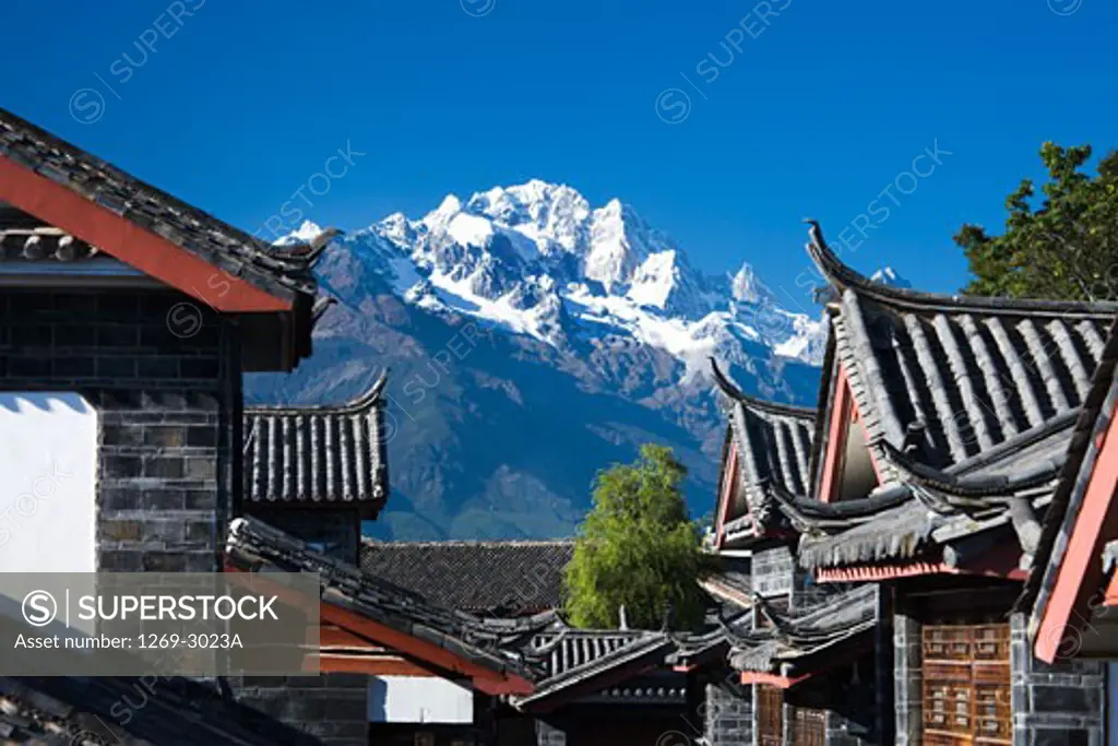 Buildings in a town with a mountain in the background, Jade Dragon Snow Mountain, Lijiang, Yunnan Province, China