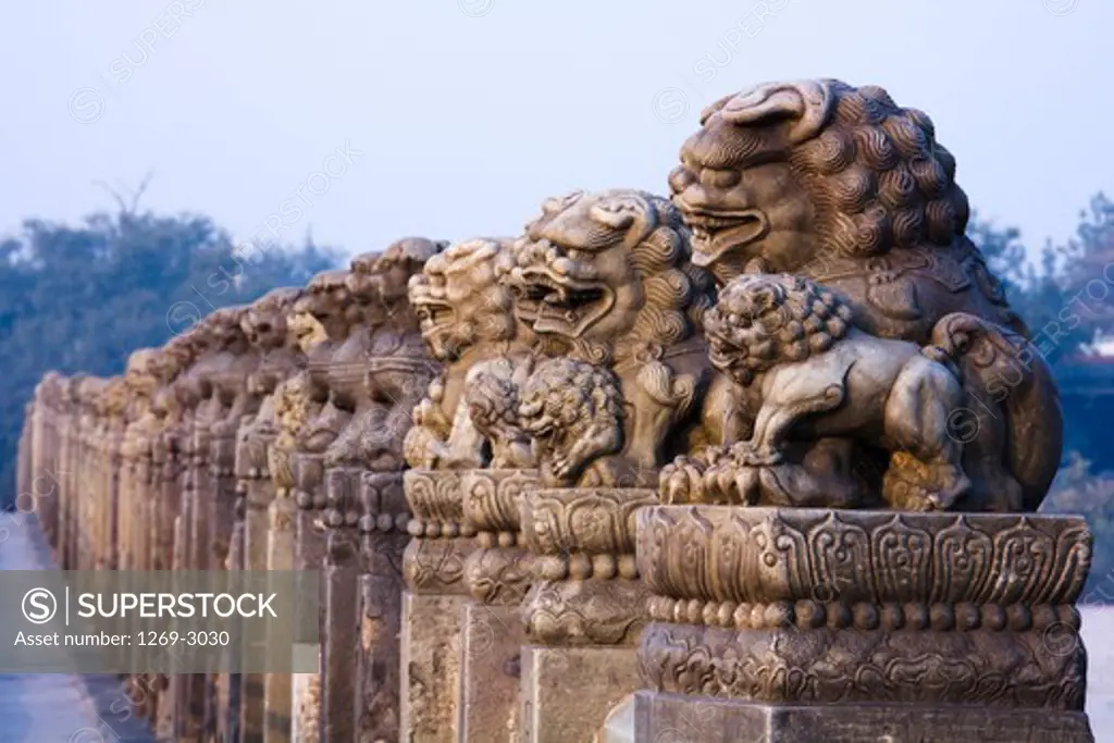 Imperial lions' statues on a bridge, Marco Polo Bridge, Beijing, China