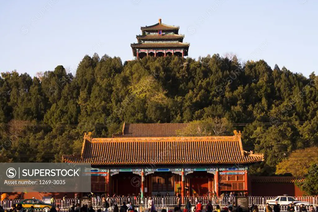 Tourists in front of building, Jingshan Park, Beijing, China