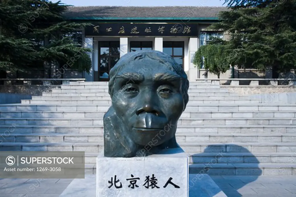 Sculpture of Peking man in front of a museum, Peking man Museum, Zhoukoudian Site, Zhoukoudian, Beijing, China