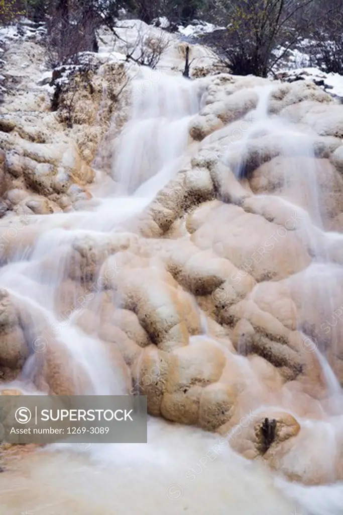 Low angle view of a cascading waterfall, Lotus Platform, Huanglong, Sichuan Province, China