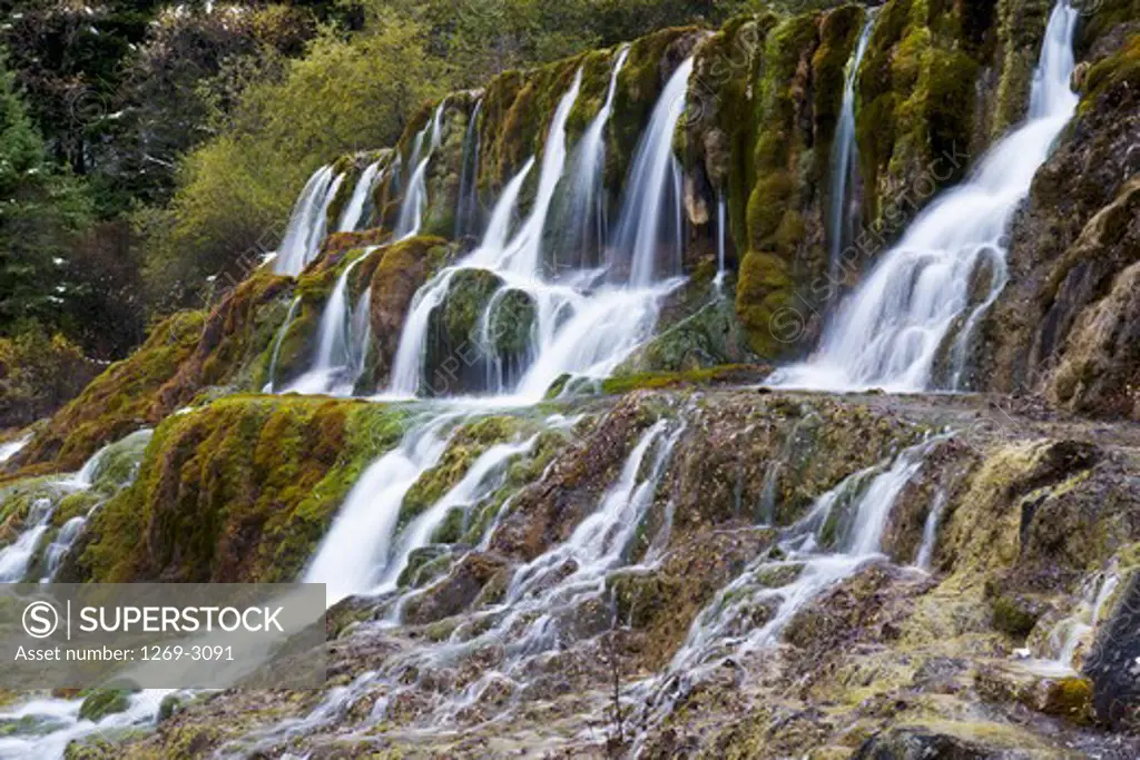 Waterfall in a forest, Fei Pu Liu Hui, Huanglong, Sichuan Province, China