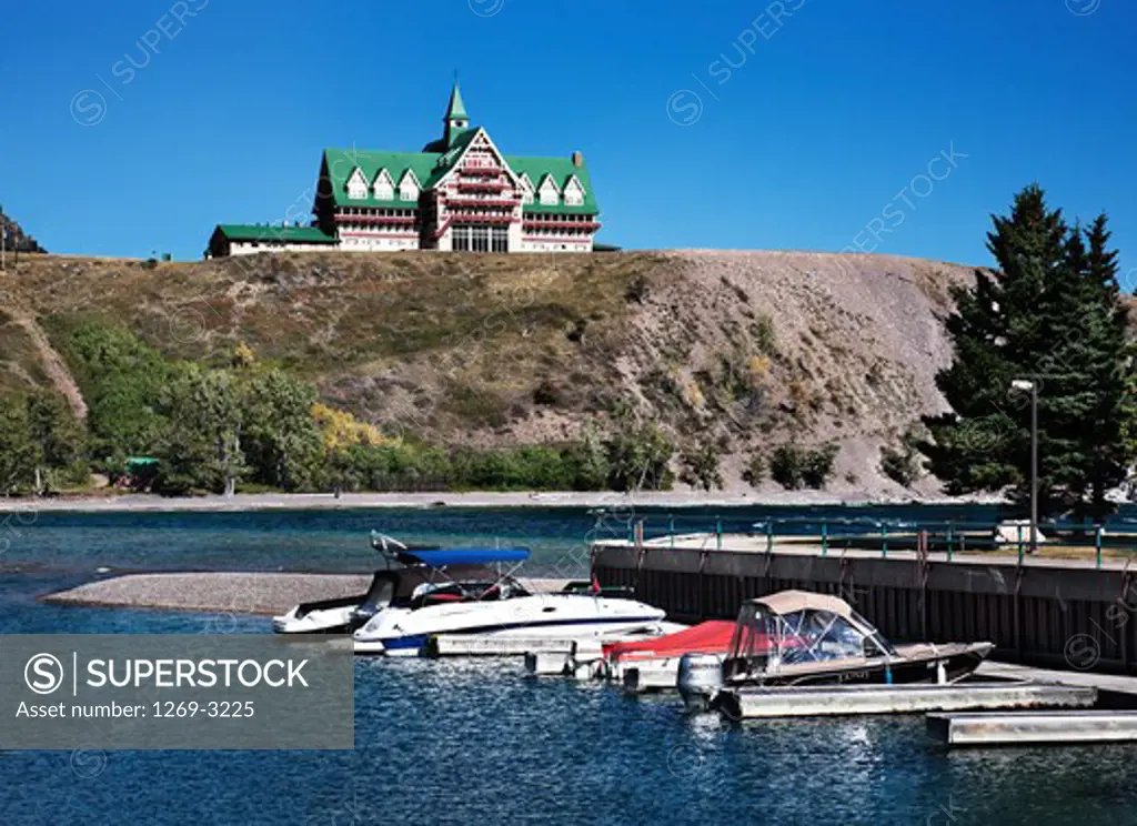 Hotel at the lakeside, Prince of Wales Hotel, Upper Waterton Lake, Waterton Lakes National Park, Alberta, Canada