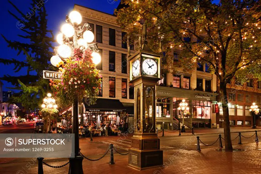 Steam clock lit up at night, Gastown Steam Clock, Gastown, Vancouver, British Columbia, Canada