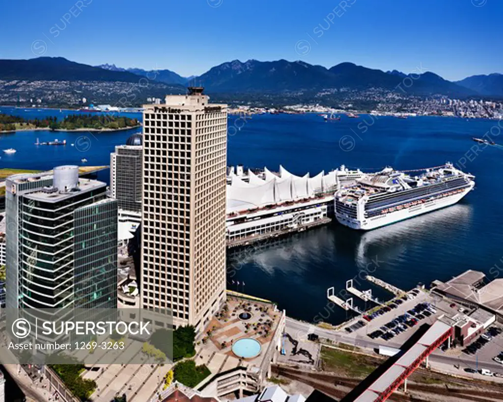 Cruise ship at a harbor, Canada Place, Vancouver Lookout, Vancouver, British Columbia, Canada