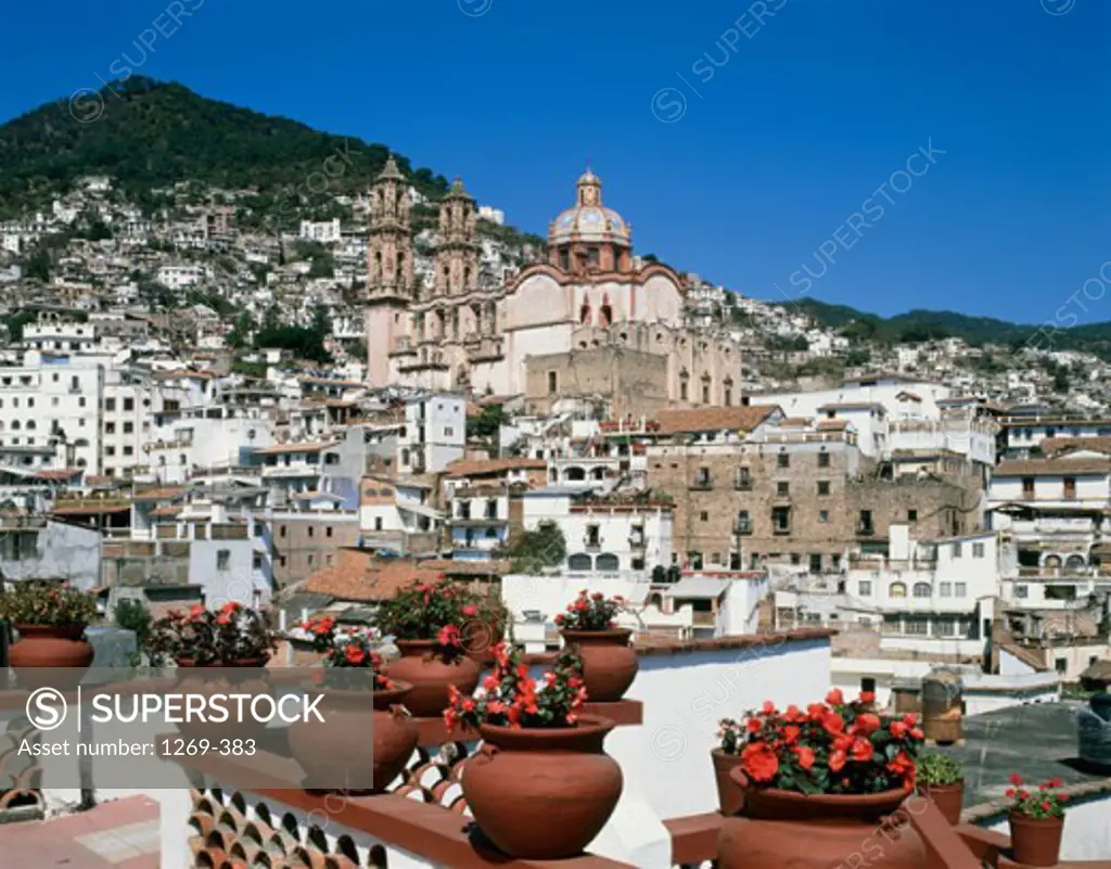 Houses in front of a cathedral, Santa Prisca Cathedral, Taxco, Mexico