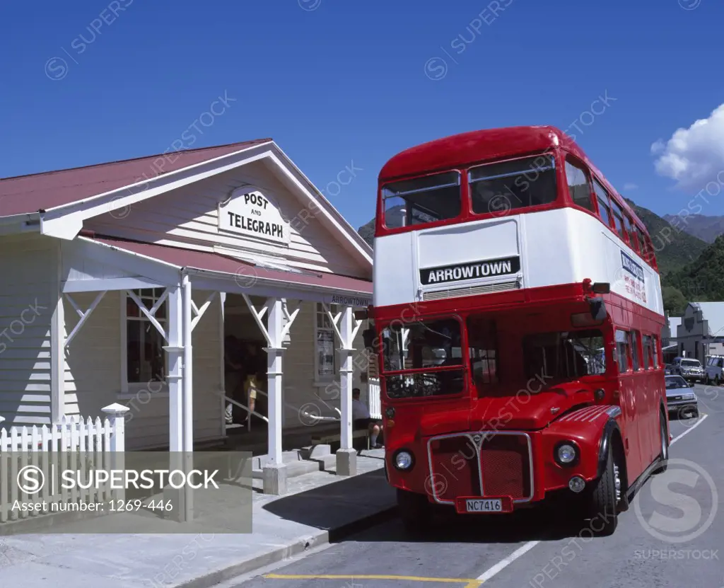 Double-decker bus on a road, Queenstown, New Zealand