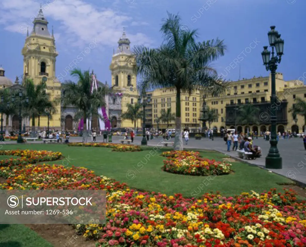 Garden in front of buildings, Plaza de Armas, Lima, Peru