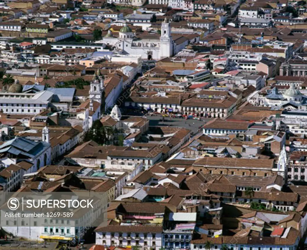 High angle view of buildings in a city, Quito, Ecuador