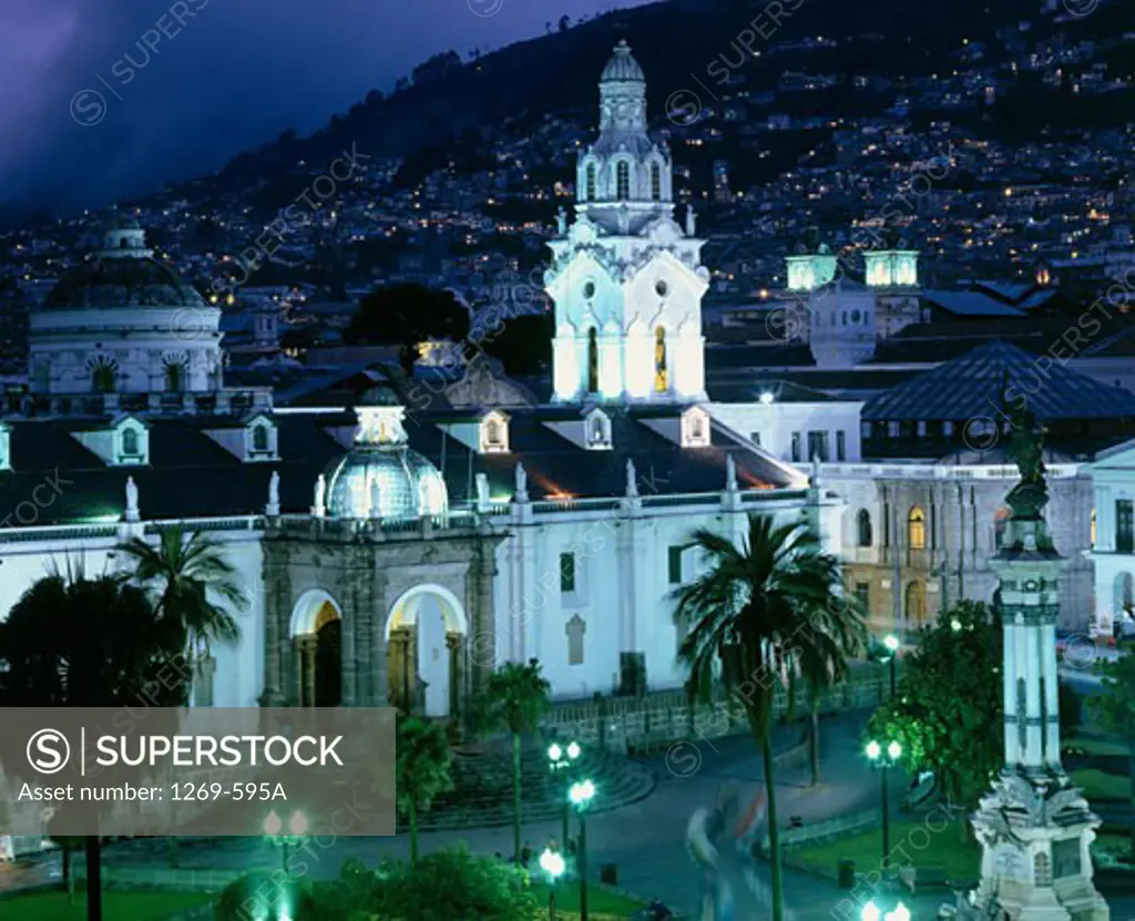 High angle view of a cathedral lit up at night, Plaza de la Independencia, Quito, Ecuador