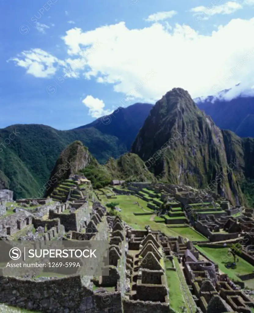 High angle view of Incan ruins, Machu Picchu, Peru