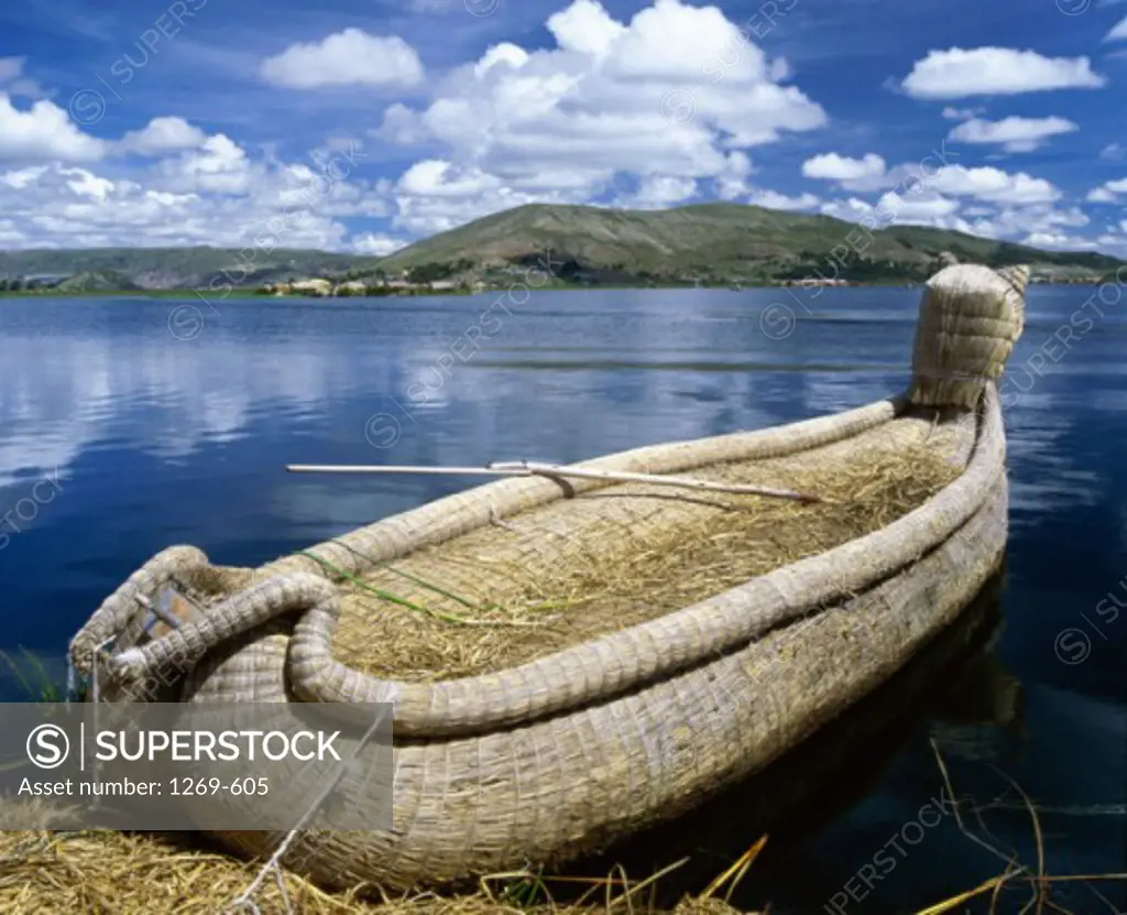 Close-up of a reed boat moored at the lakeside, Uros Islands, Lake Titicaca, Peru