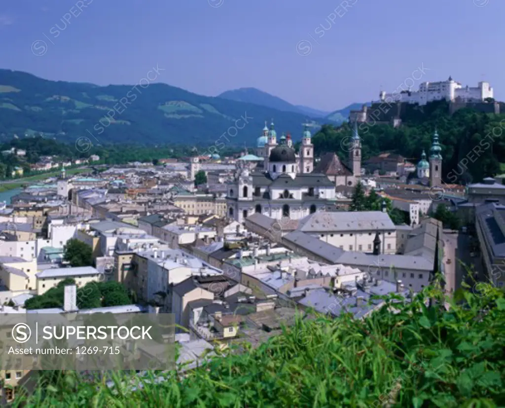 High angle view of buildings in a city, Salzburg, Austria