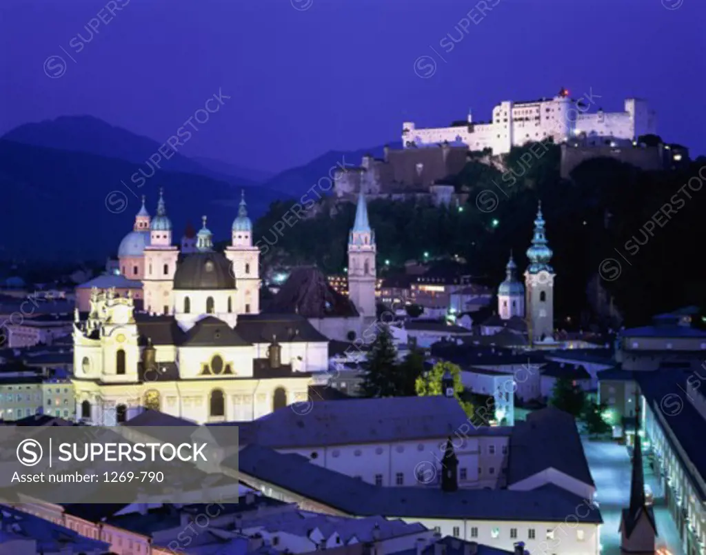 High angle view of buildings in a city at night, Hohensalzburg Fortress, Salzburg, Austria