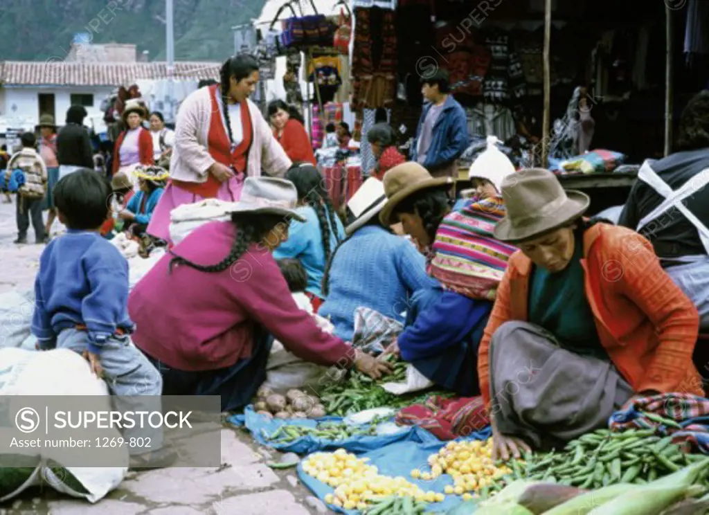Group of people in a street market, Pisac, Peru
