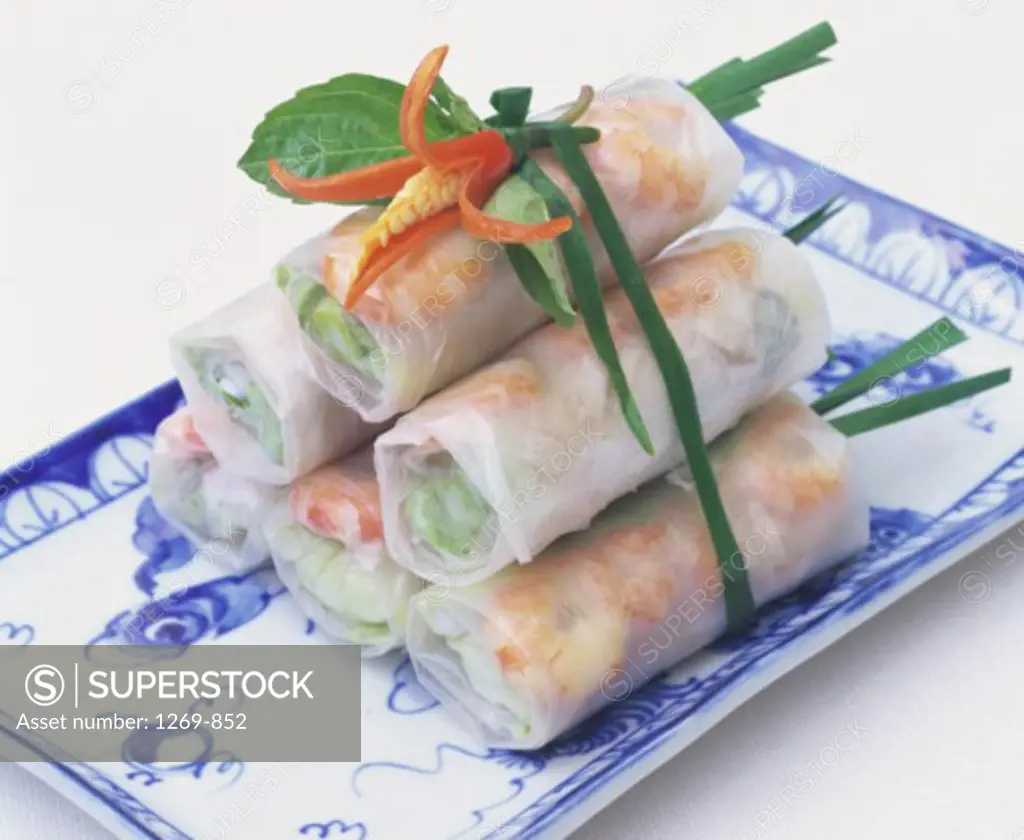 Close-up of Vietnamese Shrimp Spring Rolls on a tray