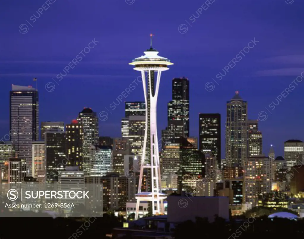 Skyscrapers lit up at night in a city, Space Needle, Seattle, Washington, USA