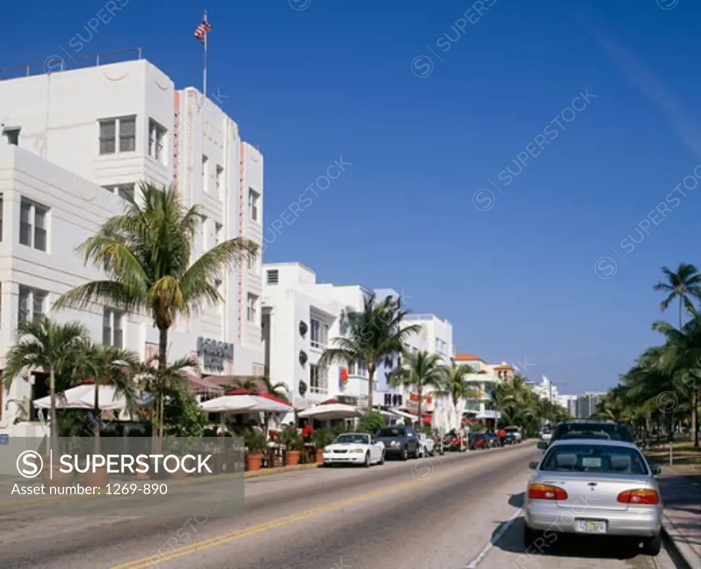 Buildings along a road, Ocean Drive, Miami Beach, Florida, USA