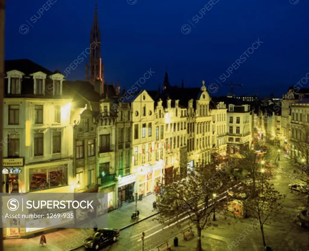 Ancient buildings lit up at night, Brussels, Belgium, Europe
