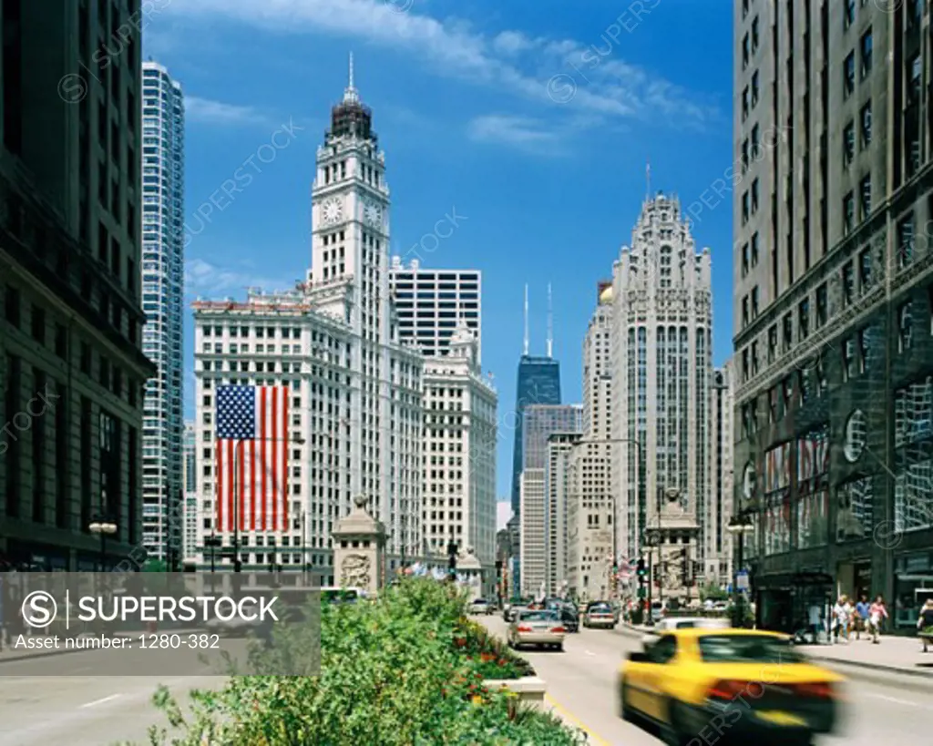 Buildings along a road in a city, Michigan Avenue, Chicago, Illinois, USA