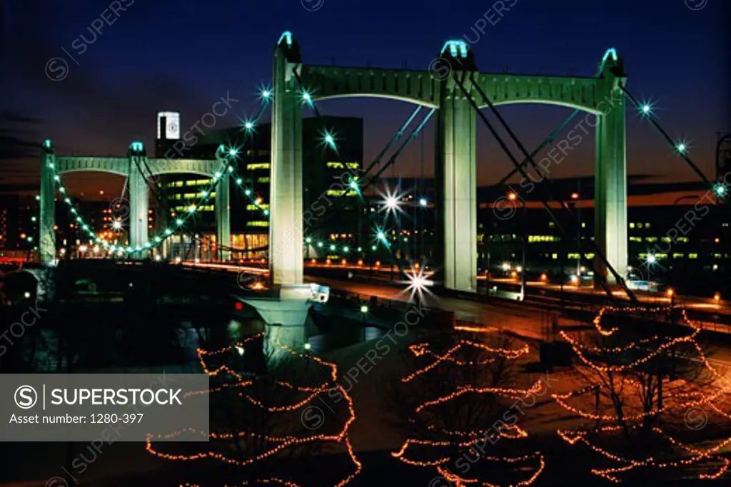 Bridge lit up at night, Hennepin Avenue Bridge, Minneapolis, Minnesota, USA