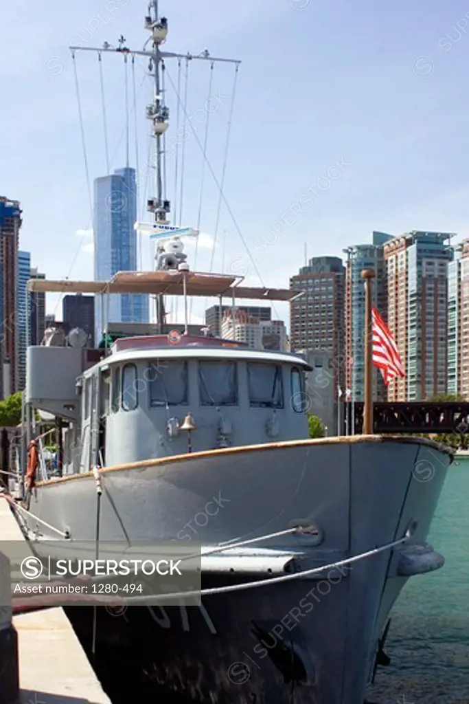 USA, Chicago,Illinois, East end of Chicago River near DuSable Harbor, U.S. Coast Guard vessel at left