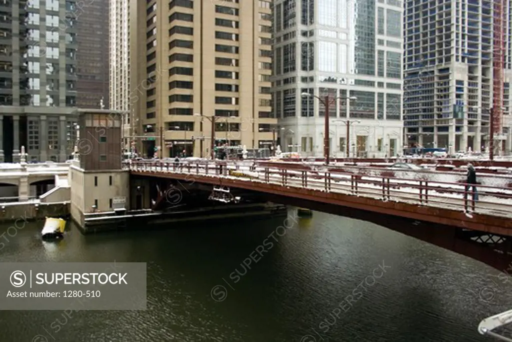Snow-covered Dearborn Street Bridge over Chicago River, Chicago, Cook County, Illinois, USA