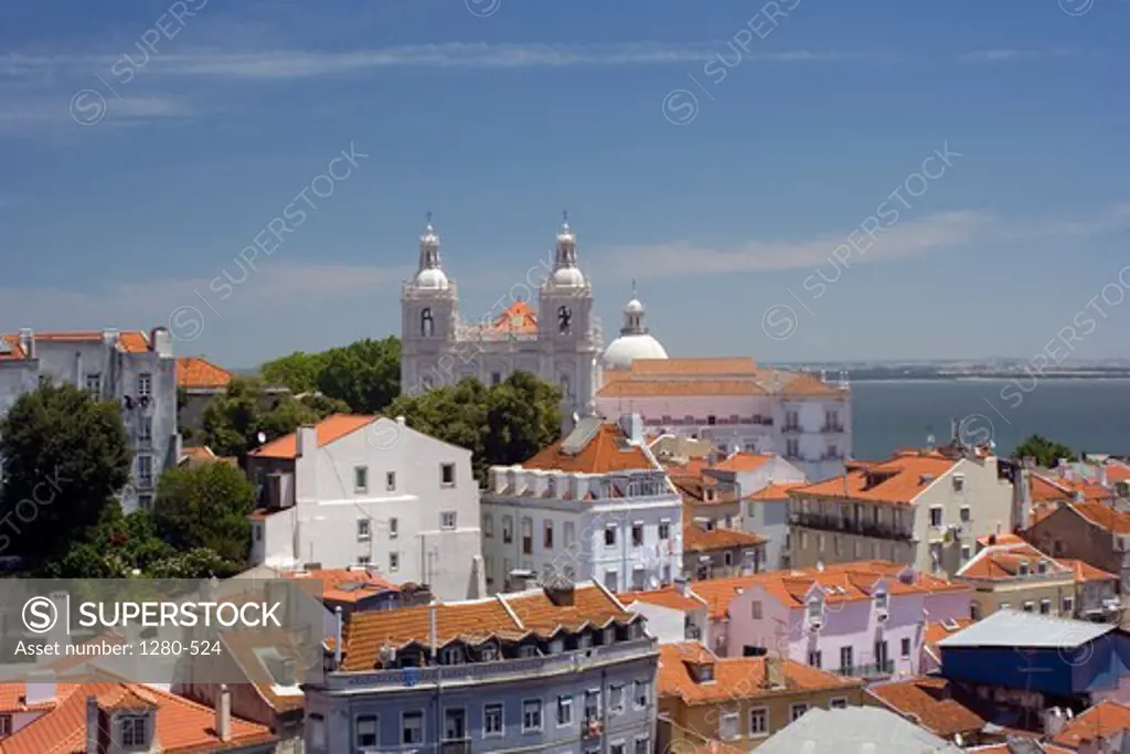 High angle view of Estrela Basilica with Tagus River in distance, Lisbon, Portugal