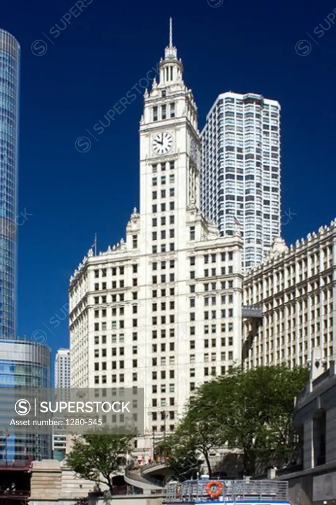 Low angle view of buildings, Wrigley Building, Trump International Hotel And Tower, River Plaza, Michigan Avenue, Chicago, Cook County, Illinois, USA