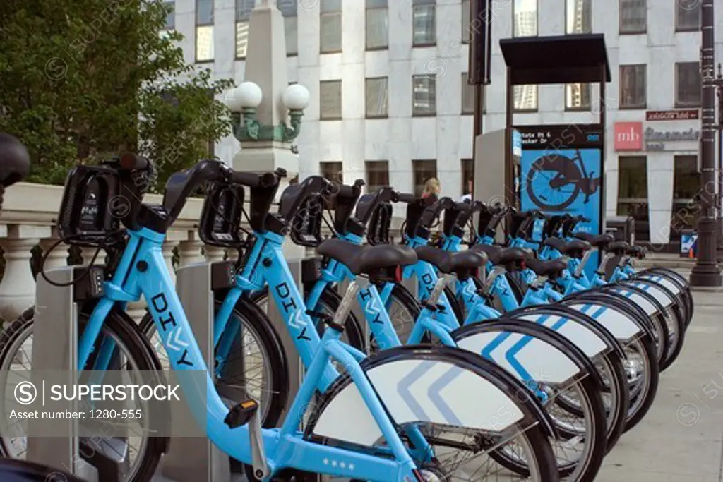 Divvy bicycle share station at State Street, Wacker Drive, Chicago, Cook County, Illinois, USA