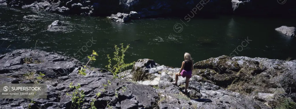 High angle view of a person standing near a river, Rouge River, Oregon, USA