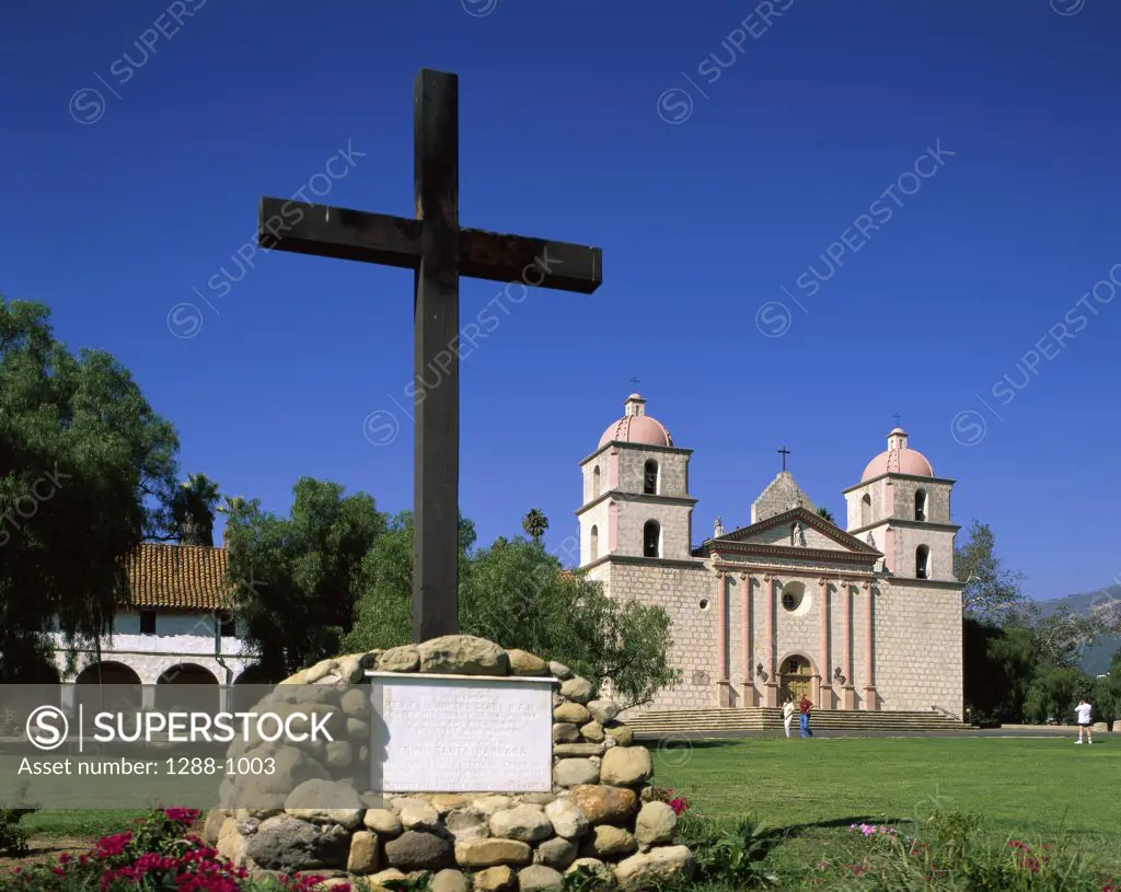 Cross in front of a church, Mission Santa Barbara, Santa Barbara, California, USA