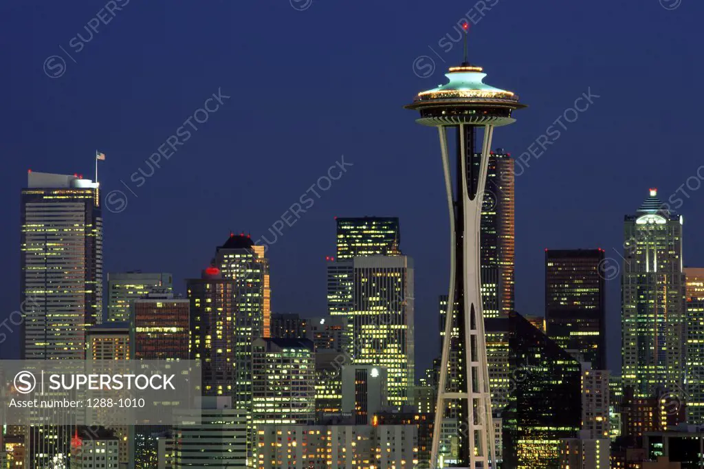 Buildings lit up at night, Seattle, Washington, USA
