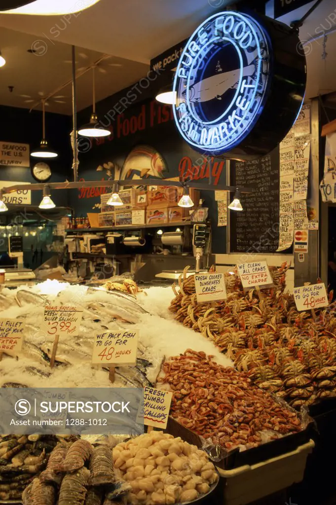 Seafood displayed at a store, Pike Place Market, Seattle, Washington, USA