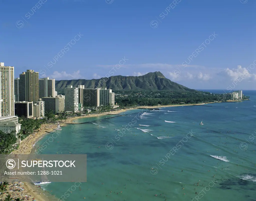 High angle view of a beach, Waikiki Beach, Diamond Head, Honolulu, Oahu, Hawaii, USA