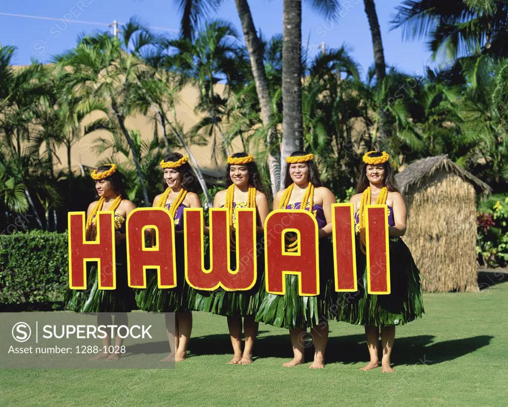 Hula dancers holding letters spelling 'Hawaii', Kodak Hula Show, Honolulu, Oahu, Hawaii, USA
