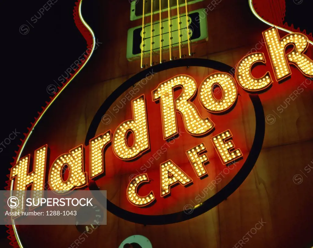 Low angle view of a banner lit up at night, Hard Rock Cafe, Las Vegas, Nevada, USA
