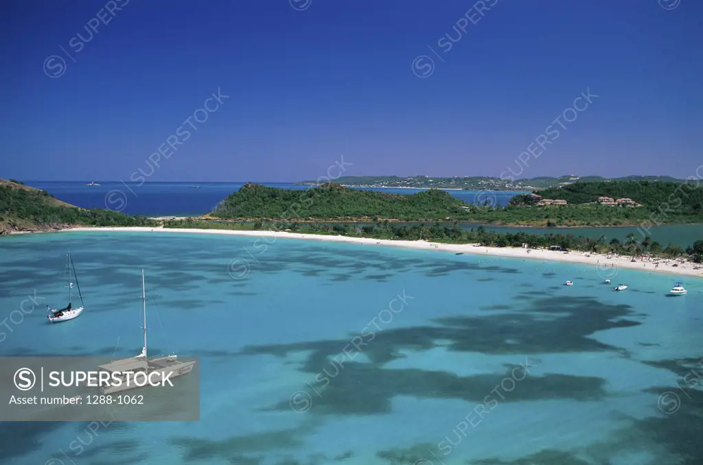 High angle view of boats in the sea, Deep Bay, Antigua