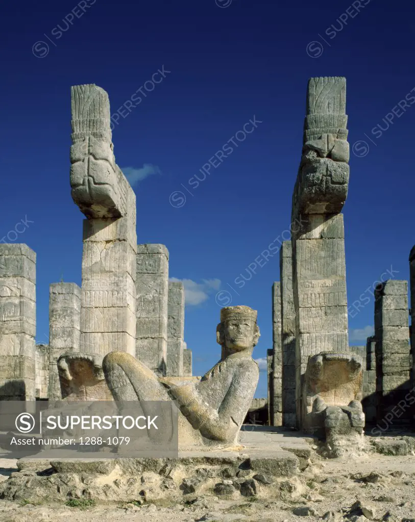 Statues in a temple, Chac Mool, Temple of the Warriors, Chichen Itza (Mayan), Yucatan, Mexico