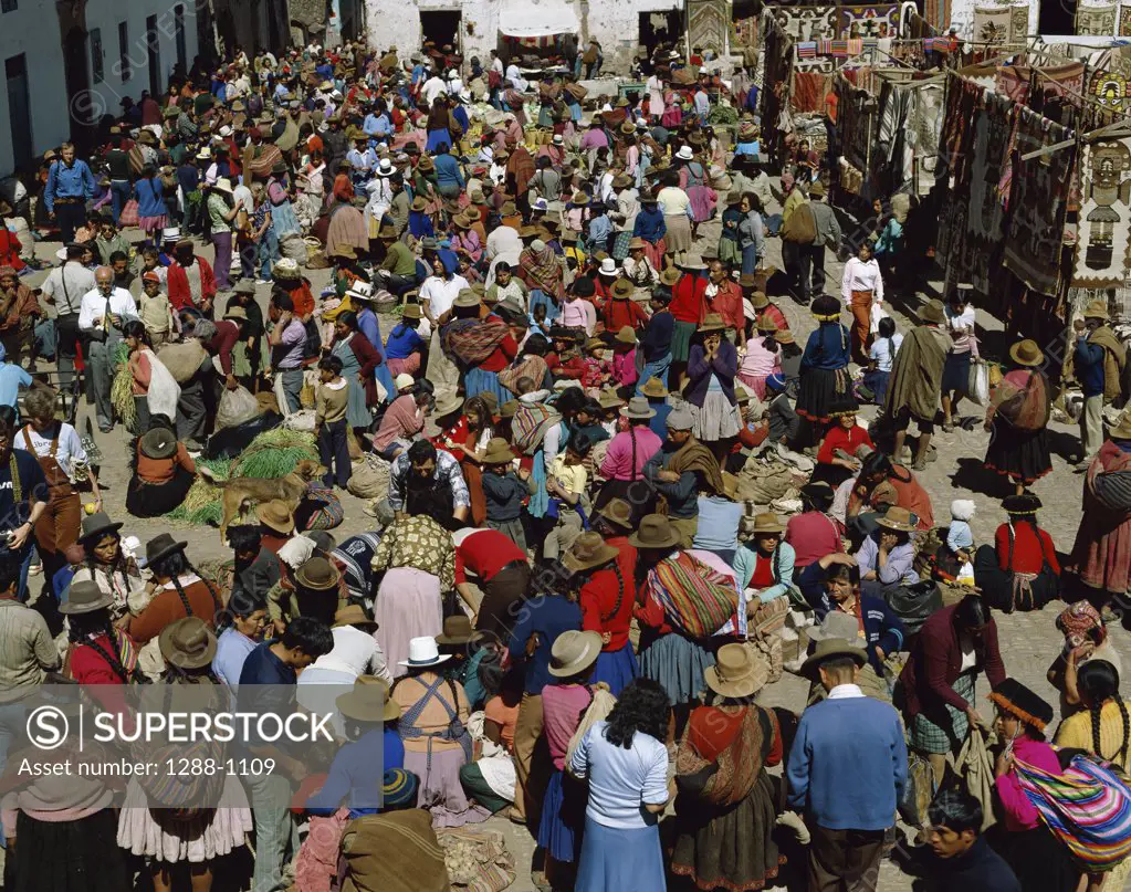 High angle view of a group of people in a market, Pisac, Cuzco, Peru