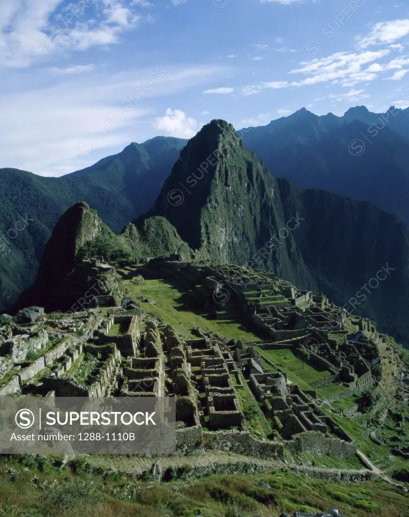 High angle view of Inca ruins, Machu Picchu (Incan), Peru