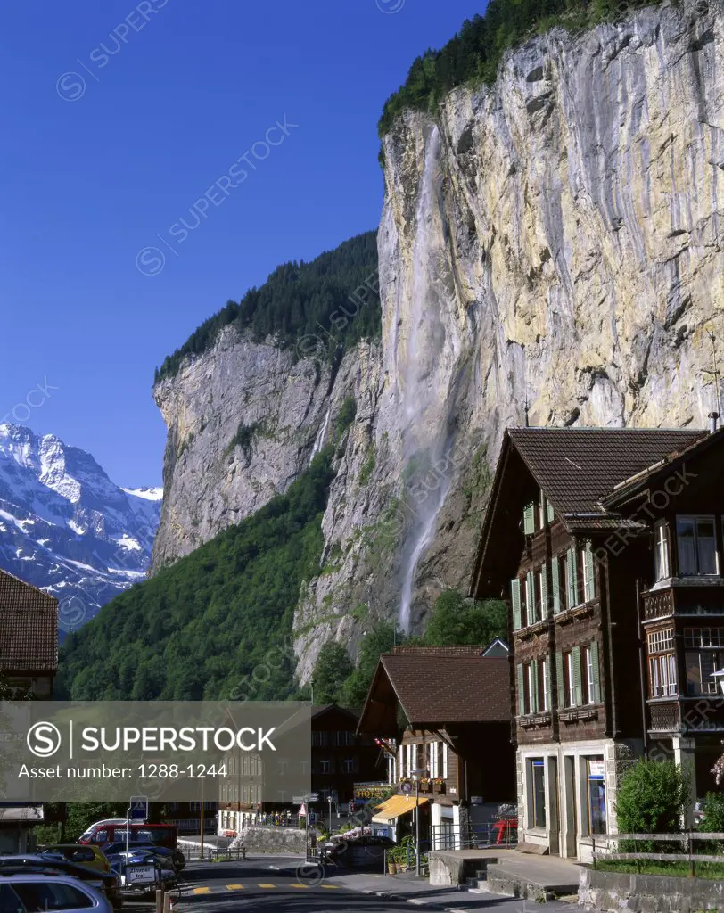 Buildings in front of a cliff, Lauterbrunnen, Switzerland