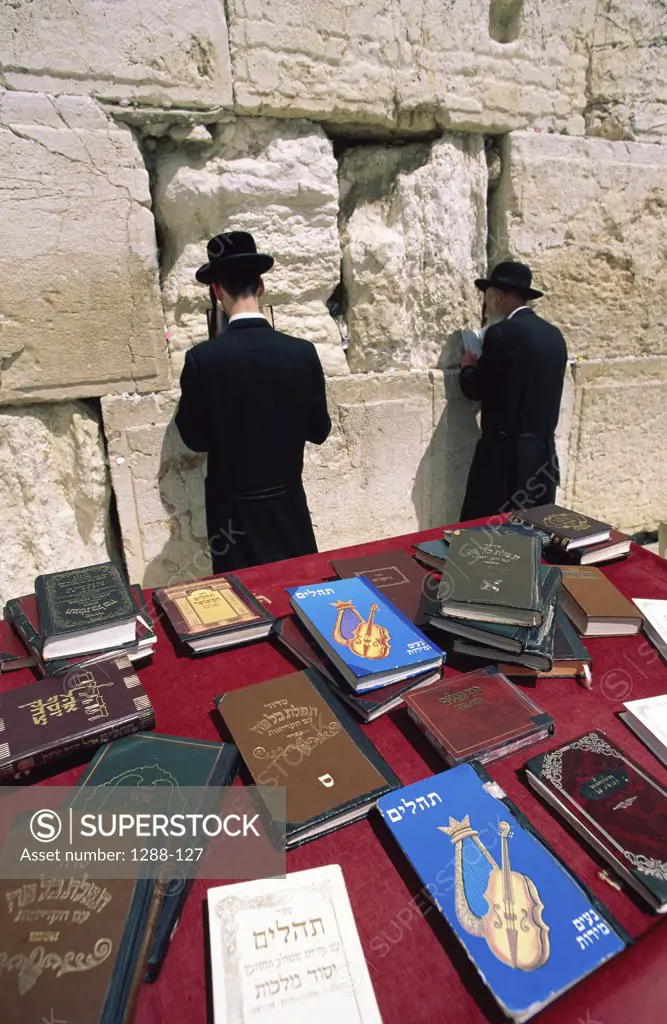 Rear view of two men praying against the Wailing Wall, Jerusalem, Israel