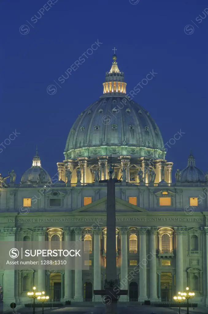 St. Peter's Basilica lit up at night, Vatican City