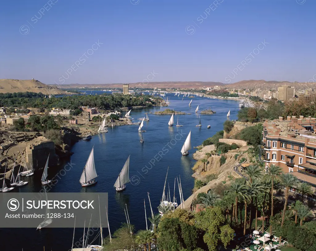 Boats sailing on the Nile River, Aswan, Egypt