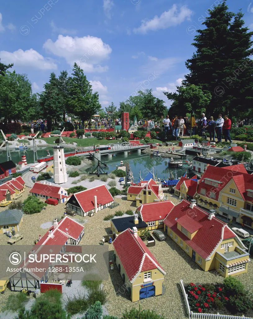 High angle view of a model of a village and canal, Legoland, Billund, Denmark
