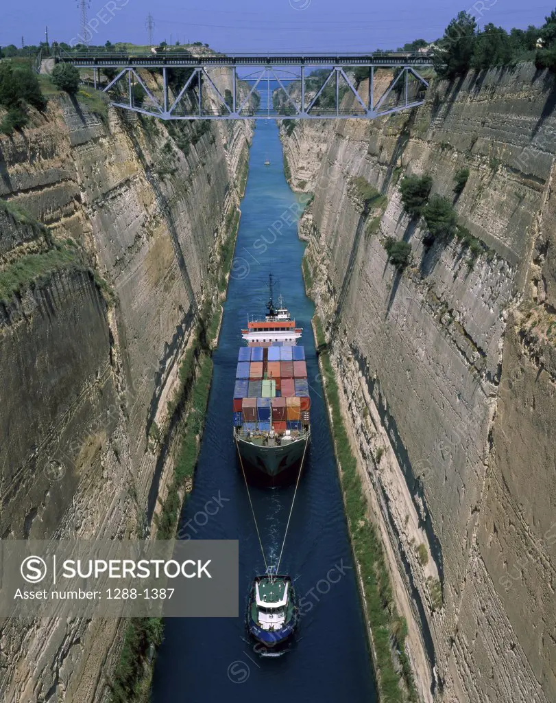 High angle view of a barge in a canal, Corinth Canal, Corinth, Greece